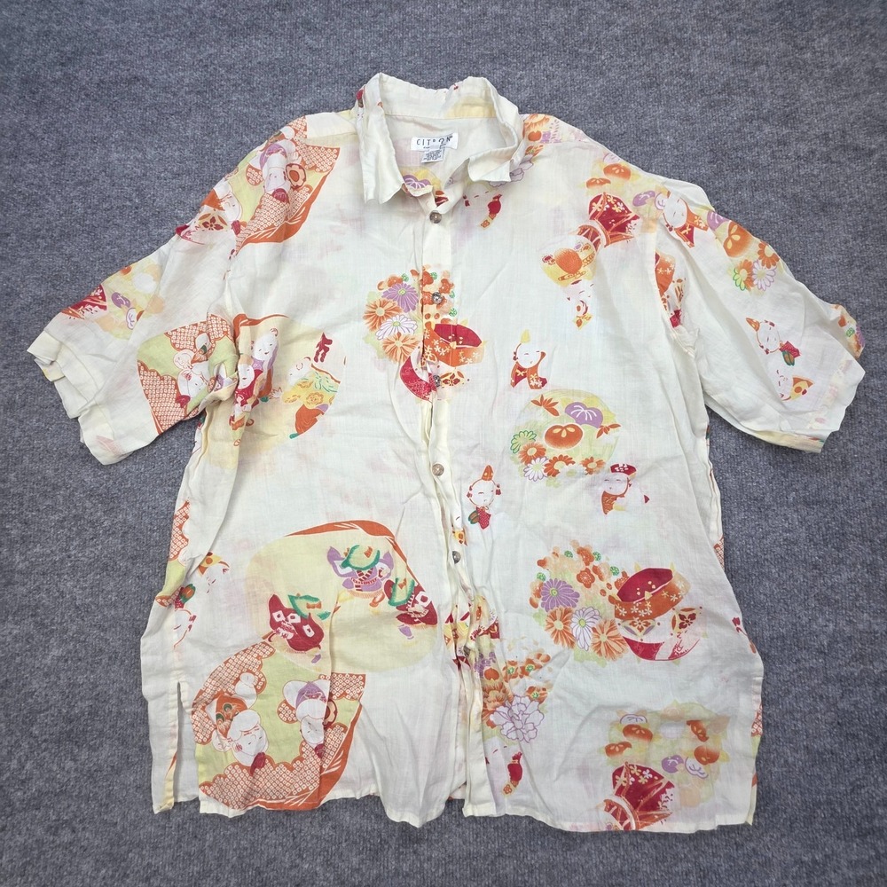 Citron Santa Monica 100% Linen Top Size Large Japanese Art Button Up Shirt